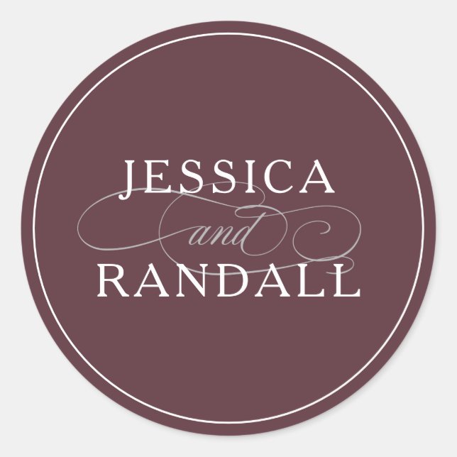 Elegant Marsala Burgundy Red Bride and Groom Logo Classic Round Sticker (Front)