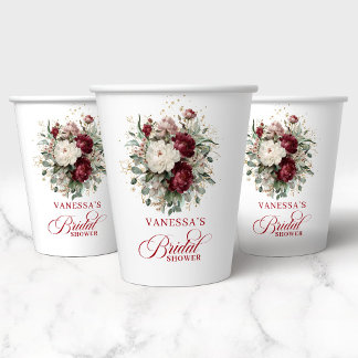 Elegant Marsala Floral Bridal Shower Paper Cups