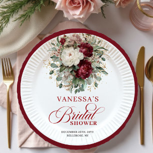 Elegant Marsala Floral Bridal Shower Paper Plates