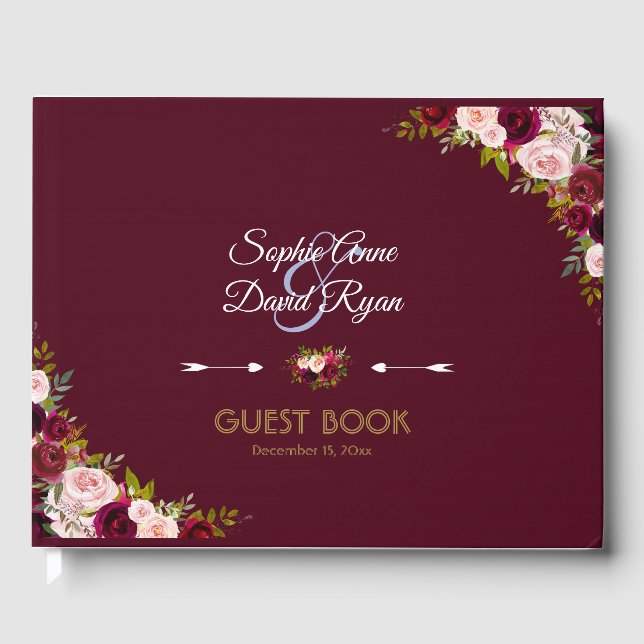 Elegant Marsala Floral Burgundy Wedding Guest Book (Front)