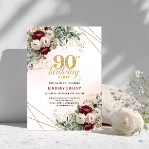 Elegant Marsala Floral Gold Frame 90th Birthday Invitation