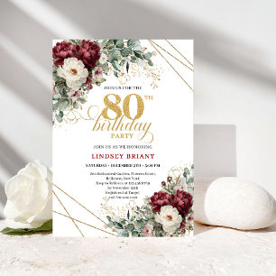 Elegant Marsala Floral Greenery 80th Birthday Invitation