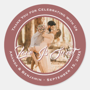 Elegant Marsala Love Is Sweet Wedding Photo Classic Round Sticker