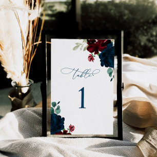 Elegant Marsala & Navy Flowers Table 1 Wedding Table Number