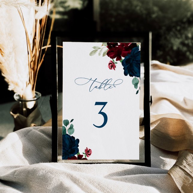 Elegant Marsala & Navy Flowers Table 3 Wedding Table Number (Creator Uploaded)