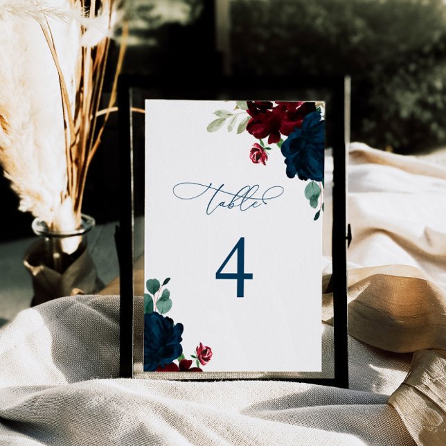 Elegant Marsala & Navy Flowers Table 4 Wedding Table Number (Creator Uploaded)