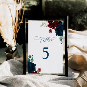Elegant Marsala & Navy Flowers Table 5 Wedding Table Number