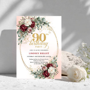 Elegant Marsala Peonies Eucalyptus 90th Birthday  Invitation