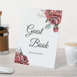 Elegant Marsala Red Rose Rustic  Guest Book Sign