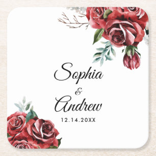 Elegant Marsala Red Rose Rustic Wedding Square Paper Coaster
