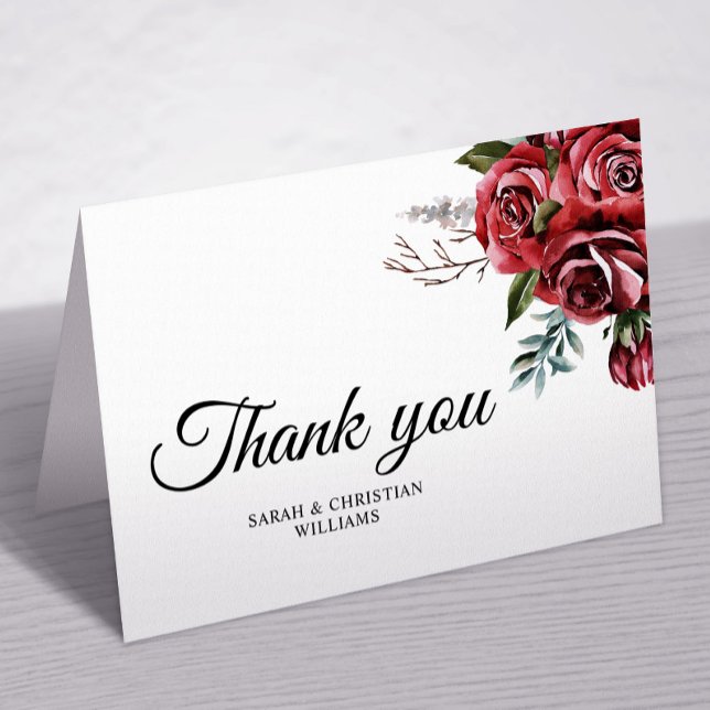 Elegant Marsala Red Rose Rustic Wedding Thank You Card (Creator Uploaded)