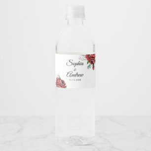 Elegant Marsala Red Rose Rustic Wedding Water Bottle Label