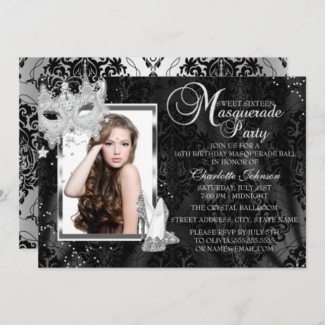 Elegant Mask Heels Masquerade Photo Sweet 16 Invitation (Front/Back)