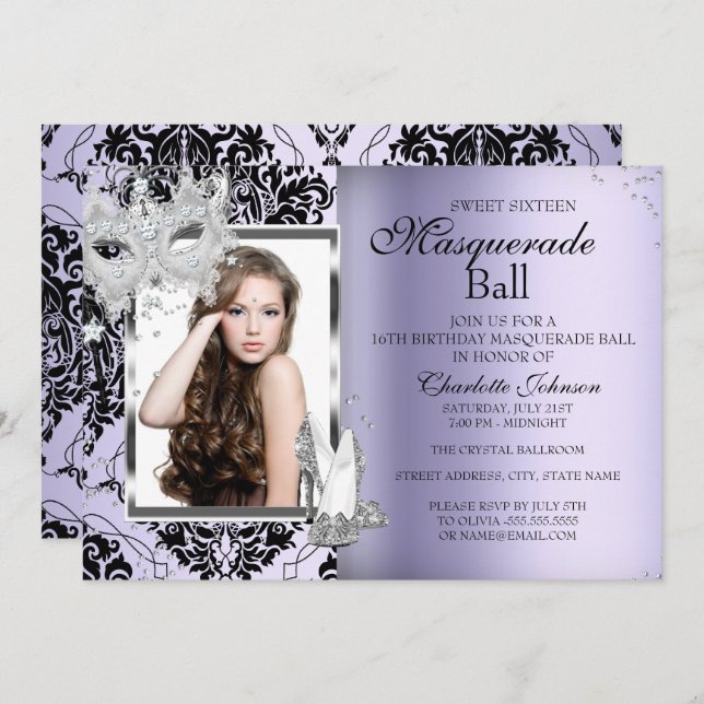 Elegant Mask Heels Masquerade Sweet 16 Lavender 3 Invitation (Front/Back)