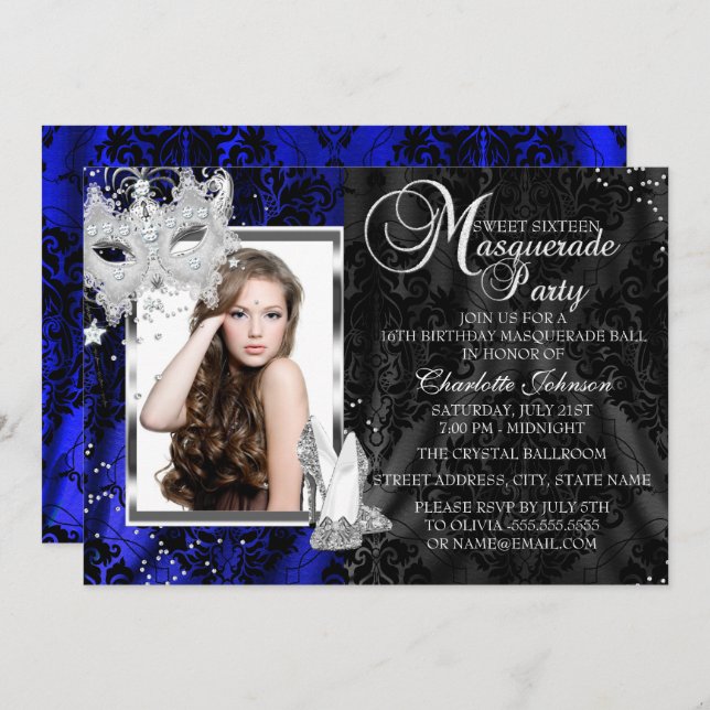 Elegant Mask & Heels Navy Masquerade Sweet 16 Invitation (Front/Back)