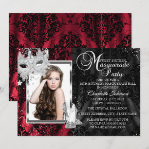 Elegant Mask & Heels Red Masquerade Sweet 16 Invitation