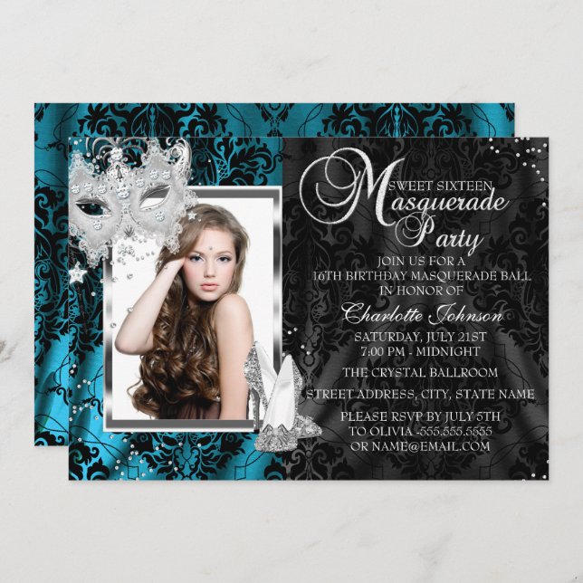 Elegant Mask Heels Teal Masquerade Photo Sweet16 Invitation (Front/Back)