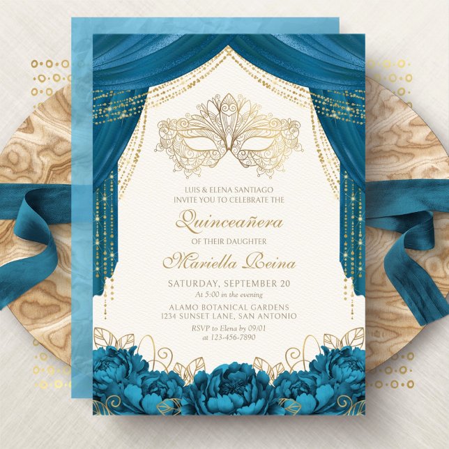 Elegant Mask Masquerade Teal Quinceanera Invitation (Creator Uploaded)