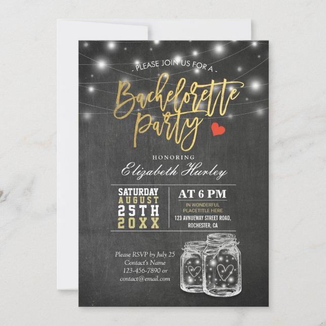 Elegant Mason Jar String Lights Bachelorette Party Invitation (Front)