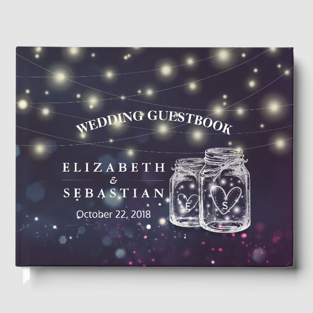 Elegant Mason Jar String Lights Wedding Guestbook (Front)