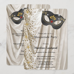 Elegant Masquerade Ball Charcoal Mask Ivory Silk  Invitation