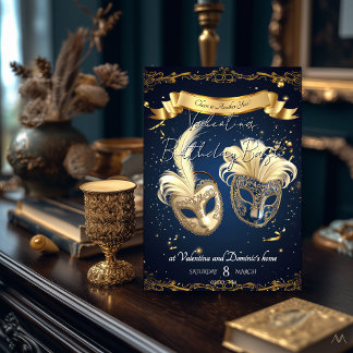 Elegant Masquerade Birthday | Elegant Gold & Navy Invitation