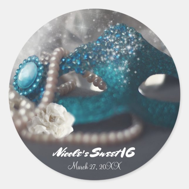 Elegant Masquerade Mask & Pearls Party Favour Classic Round Sticker (Front)