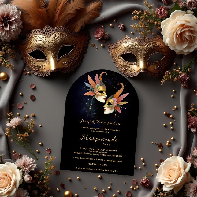 Elegant Masquerade Masks with Gold Effect Accents  Invitation (Elegant Masquerade Masks with Gold Effect Accents Masquerade Ball Invitation Cards. )