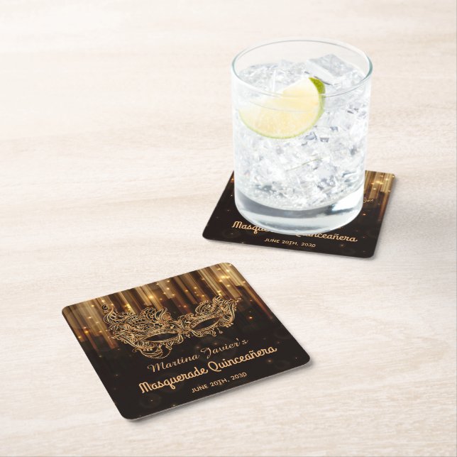 Elegant Masquerade Quinceañera 15th Birthday Square Paper Coaster (Insitu)