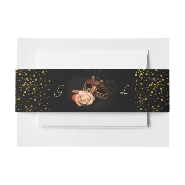 Elegant Masquerade with White Rose Invitation Belly Band (Front Example)