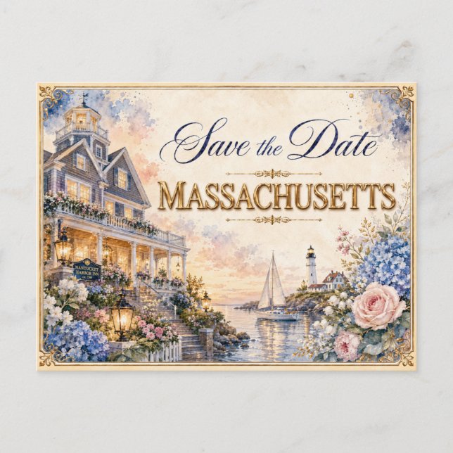 Elegant Massachusetts Save the Date Wedding Invite Postcard (Front)