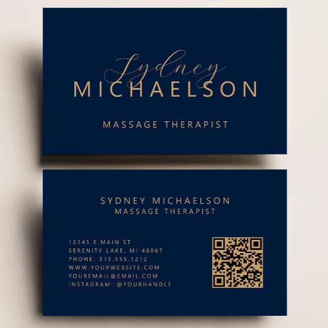 Elegant Massage Therapist QR Code Navy Blue Gold Business Card (Creator Uploaded)
