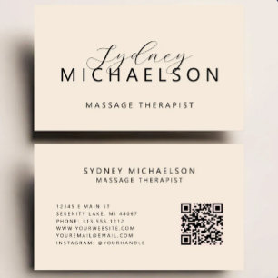 Elegant Massage Therapist QR Code Neutral Beige Business Card