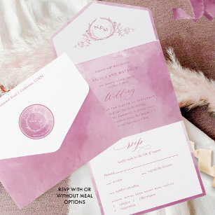 Elegant Mauve and Pink Watercolor Monogram Wedding All In One Invitation