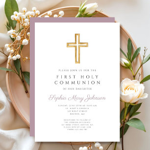 Elegant Mauve Cross Religious Girl First Communion Invitation