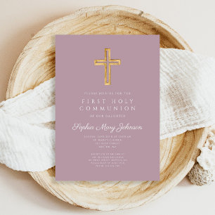 Elegant Mauve Cross Religious Girl First Communion Invitation