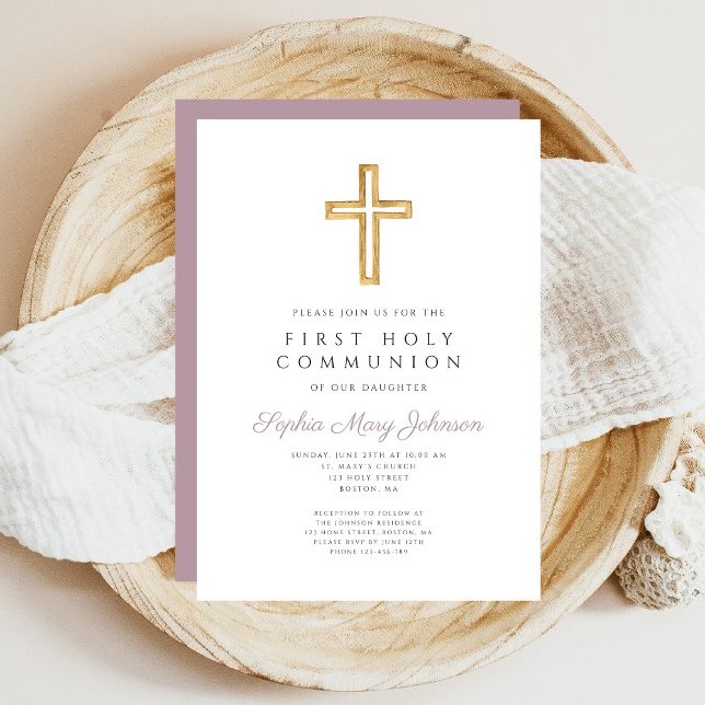 Elegant Mauve Cross Religious Girl First Communion Invitation (Elegant Mauve Cross Religious Girl First Communion Invitation)