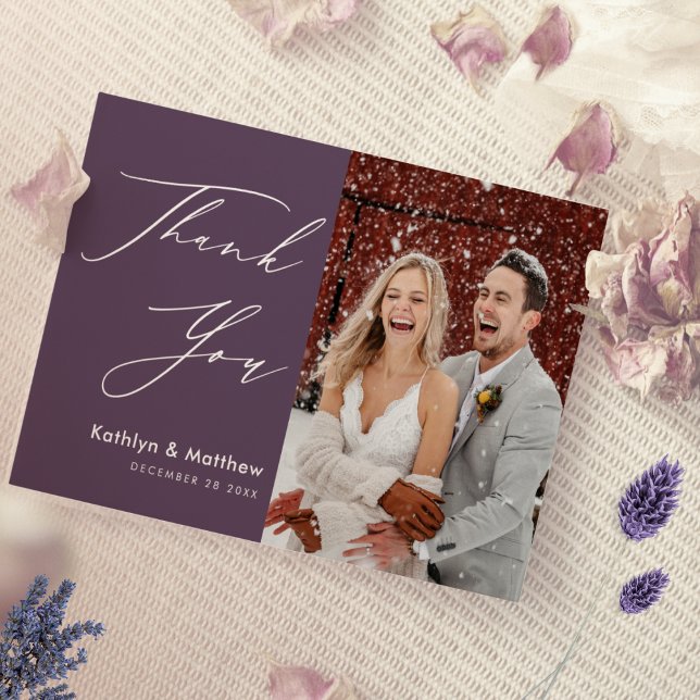 Elegant Mauve Elegant Script Modern Photo Wedding Thank You Card (Creator Uploaded)