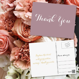 Elegant Mauve Faux Gold Script Wedding Thank You Postcard