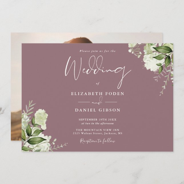 Elegant Mauve Floral Greenery Photo Wedding Invitation (Front/Back)