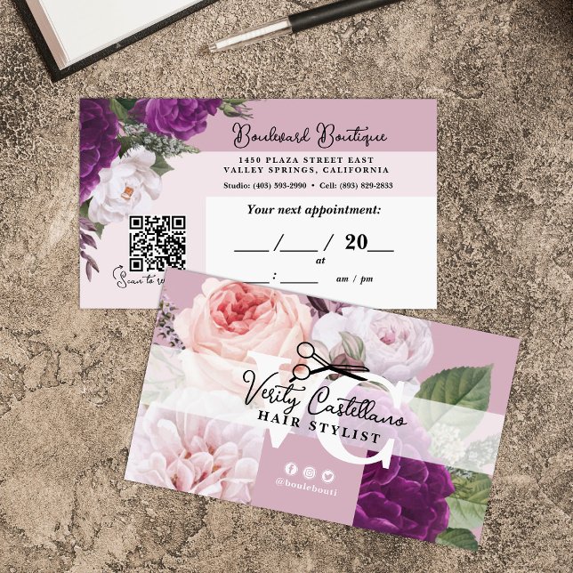 Elegant Mauve Floral Hair Stylist Appointment QR Business Card (Creator Uploaded)