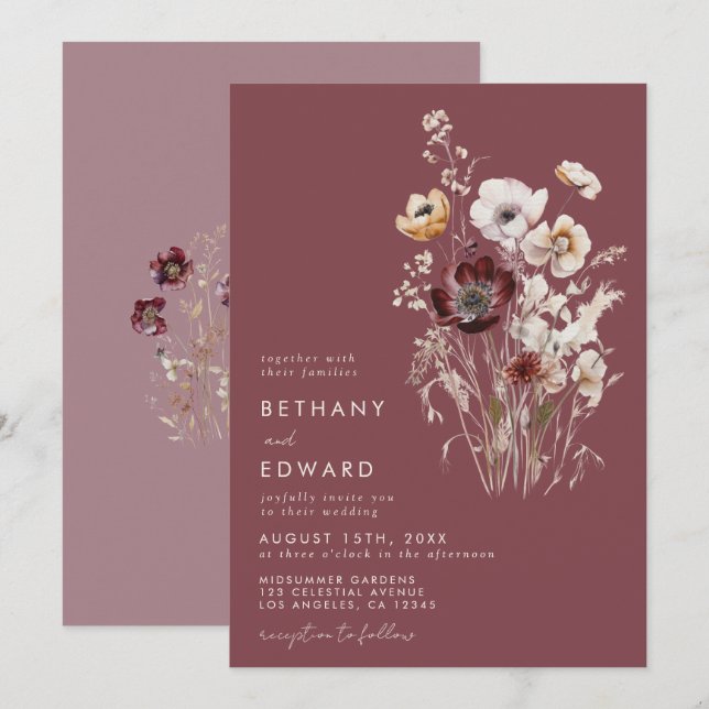 Elegant Mauve Floral Wedding Invitation (Front/Back)