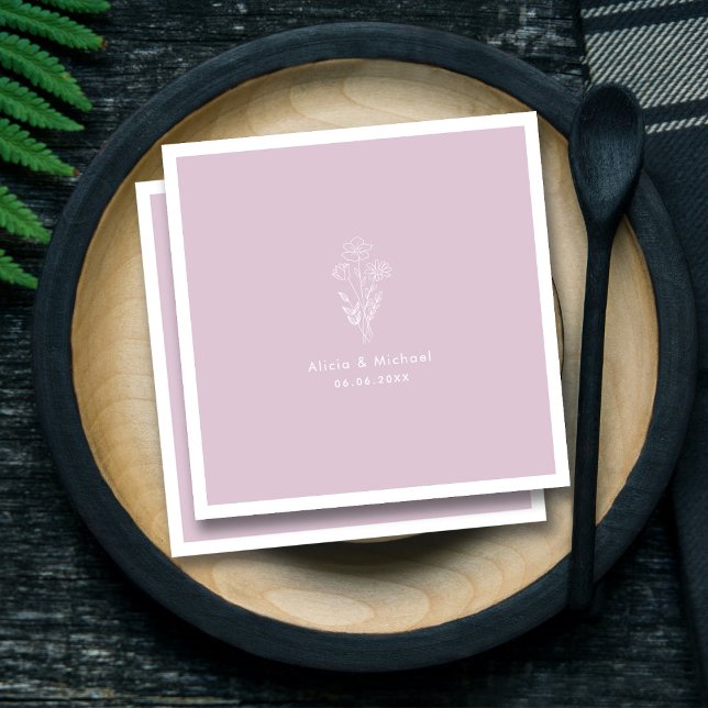 Elegant Mauve Floral Wedding Napkins | Minimalist (Personalized Whimsical Floral in Lilac Wedding Napkins)