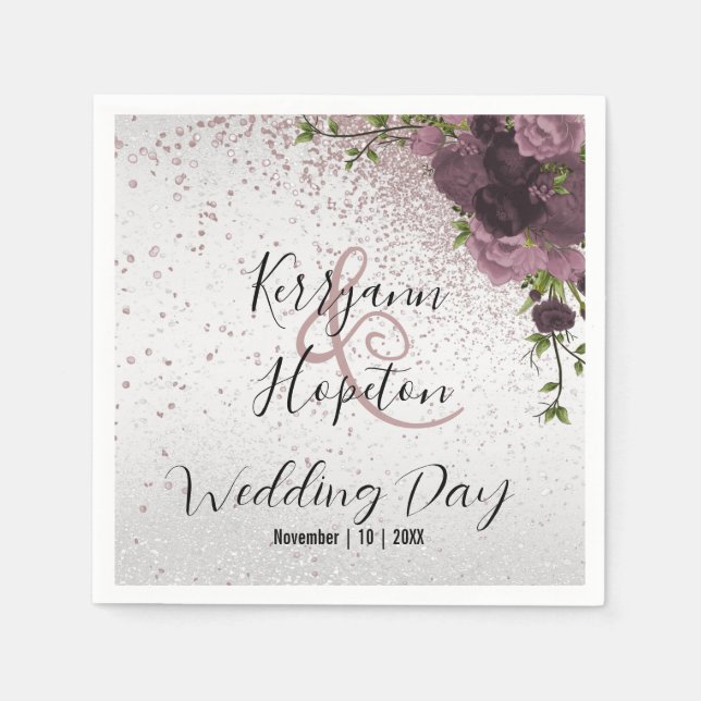 Elegant Mauve Glitter and Floral   Napkin (Front)