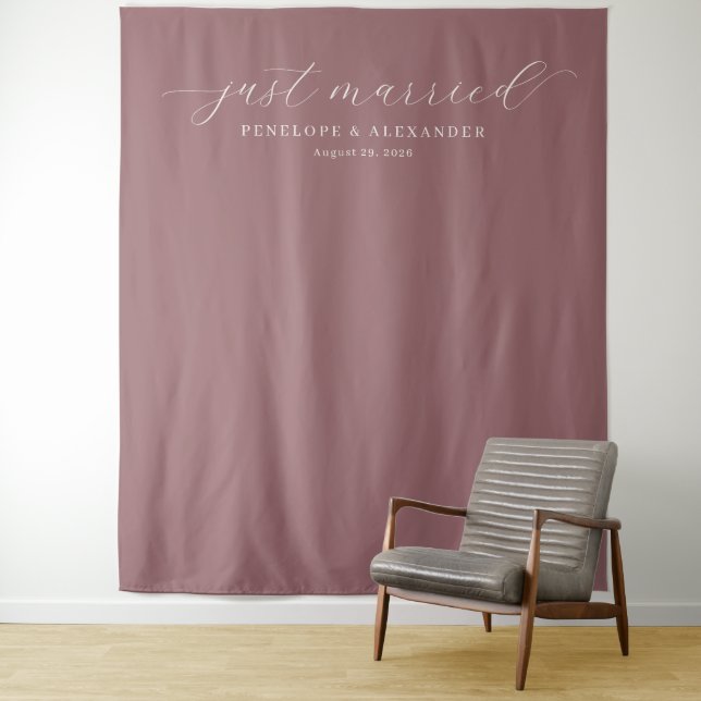 Elegant Mauve Just Married Calligraphy Tapestry (In Situ)