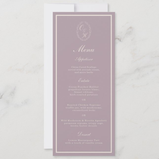 Elegant Mauve Monogram Wedding Long Menu Invitation (Front)