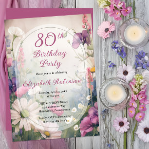 Elegant Mauve   Multi 80th Birthday Party Floral Invitation