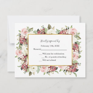 Elegant Mauve Pink Florals Gold Frame Wedding RSVP Card