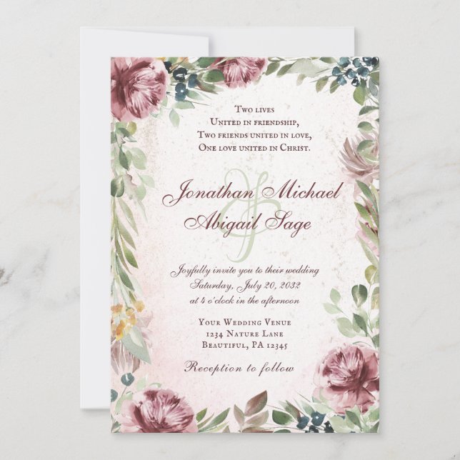Elegant Mauve Pink Peony Floral Christian Wedding Invitation (Front)