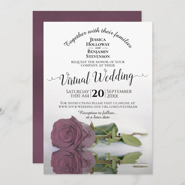 Elegant Mauve Pink Reflecting Rose Virtual Wedding Invitation (Front/Back)